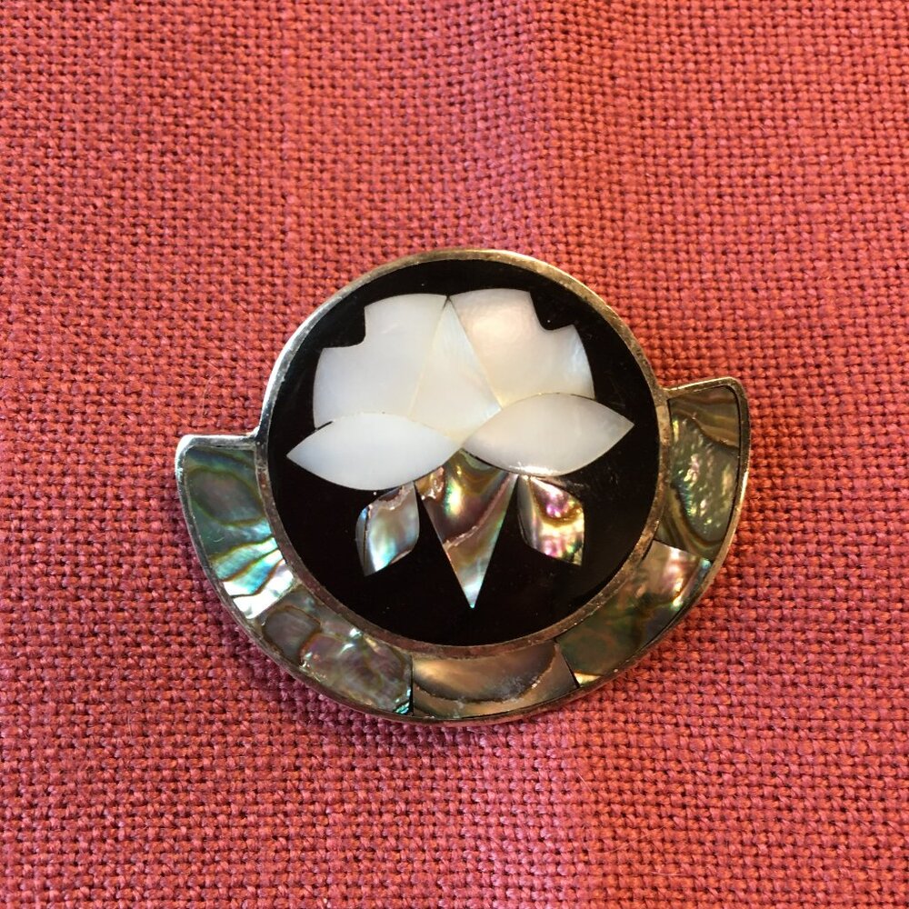 Vintage Abalone Shell Pendant Brooch Pin Signed ALPACA MEXICO- Lotus Flower